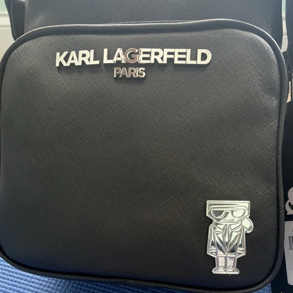 KARL LAGERFELD Paris Amour Black Logo Pattern Zip Crossbody Bag Detachable Strap